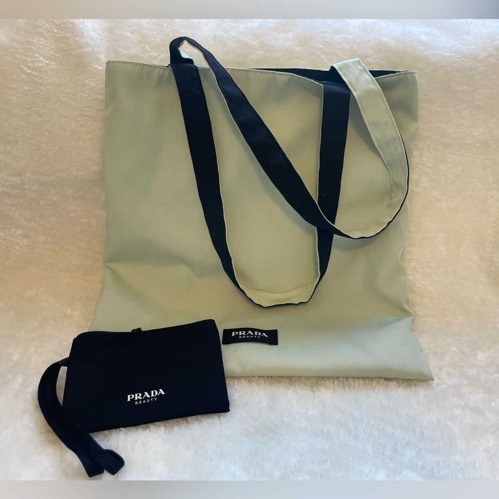 EUC PRADA BEAUTY GREEN TOTE BAG w/ BLACK COIN PURSE authentic reversible canvas
